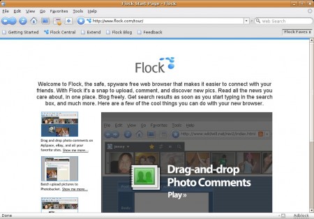 Capture de Flock et de sa page de présentation.